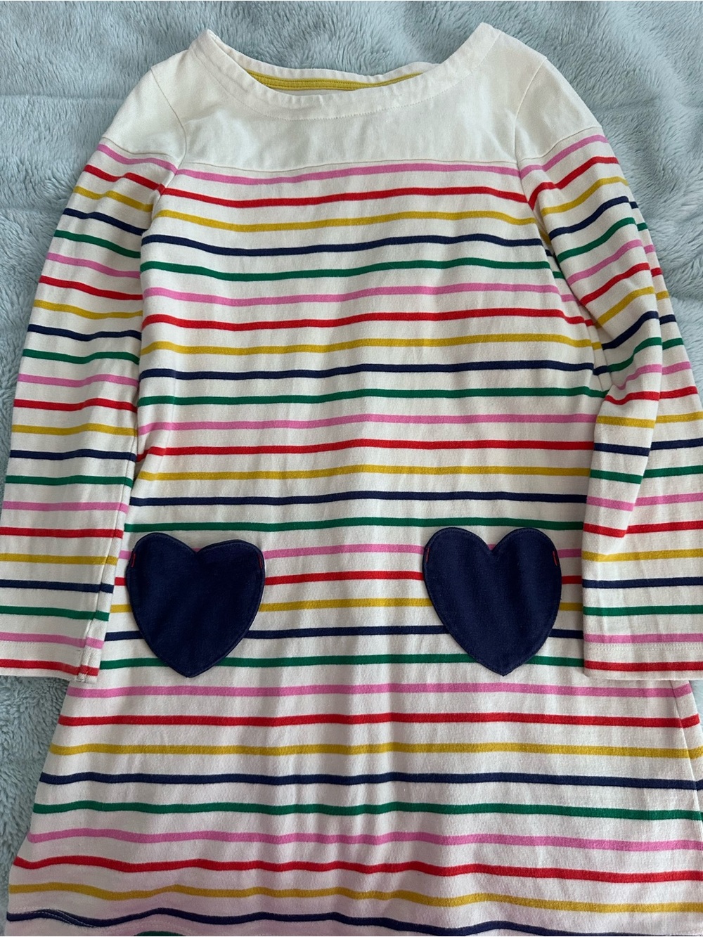 Mini Boden rainbow Striped dress — navy heart pockets on the front